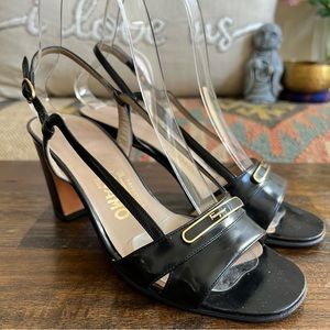 Salvatore Ferragamo Strappy Black Patent Leather Block Heels US5.5